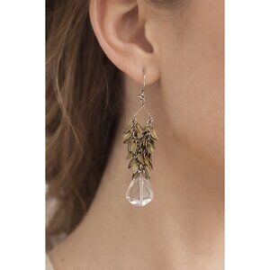 Boho Leaf Chandelier Earrings Glass Drop Dangle Brass Tone Nature Inspired Retro